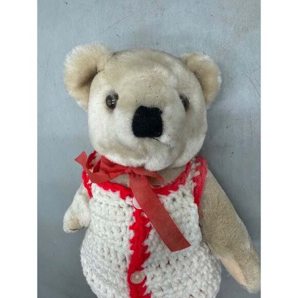 Vintage Plush Bear Handmade Red White Crochet Outfit Bow Soft Beige Fur Toy READ - Picture 2 of 7